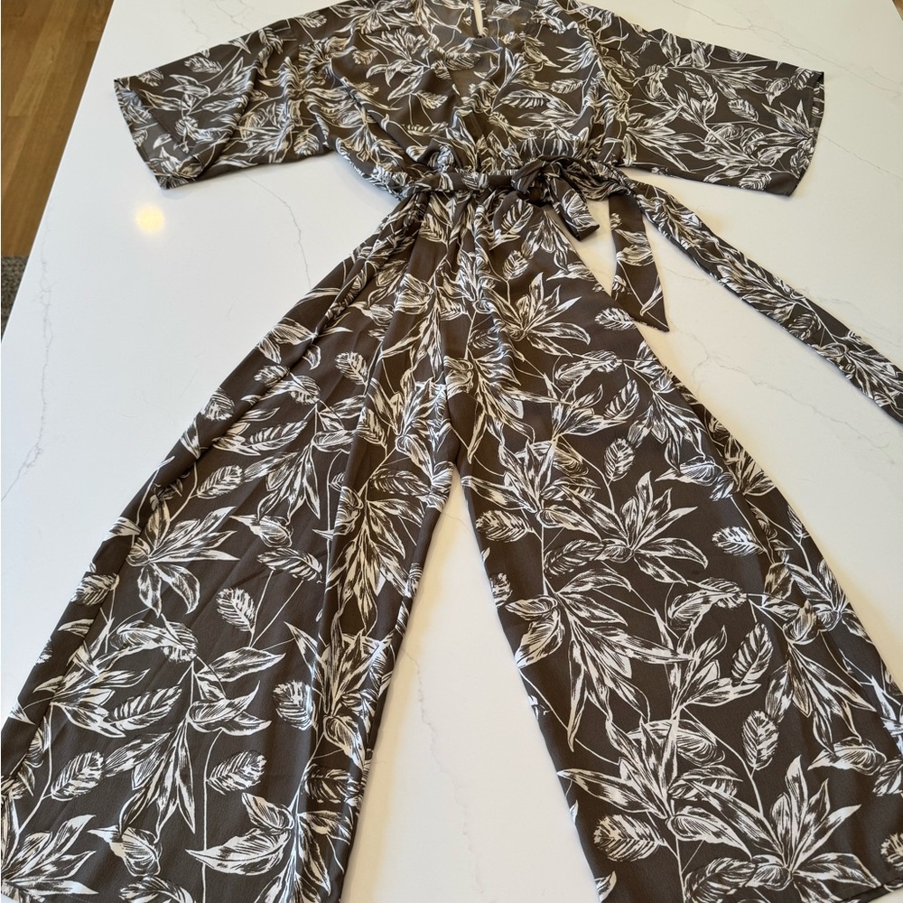 Dress Forum Brown and White Leaf Print Jumpsuit